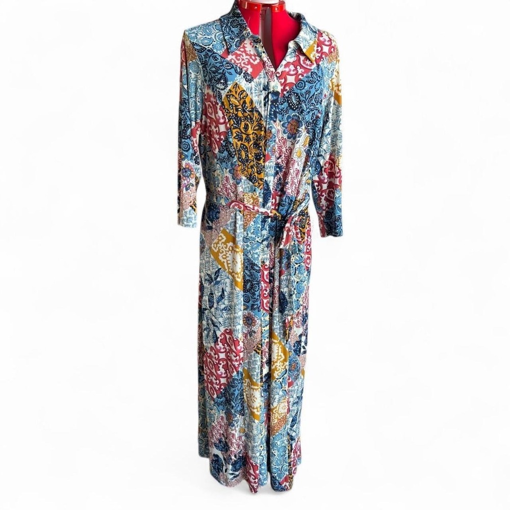Susan Graver Womens 3X Paisley Patchwork Maxi Shirt Dress Belted Multi Blue